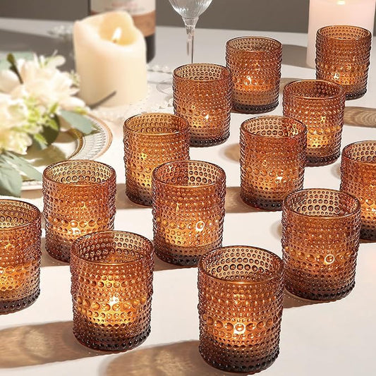 12Pcs Amber Votive Candle Holders 2x2.5in, Glass Tea Light Candle Holder for Wedding Table Decor & Christmas Thanksgiving