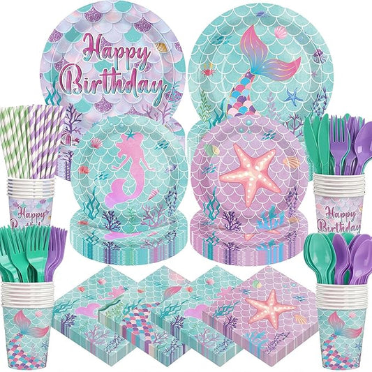 450 Pcs Mermaid Birthday Party Tableware Set Decorations Mermaids Paper Plates Napkins Cups Cutlery Straws for Girls Ocean Under the Sea Themed Birthday Party Supplies, Serves 50