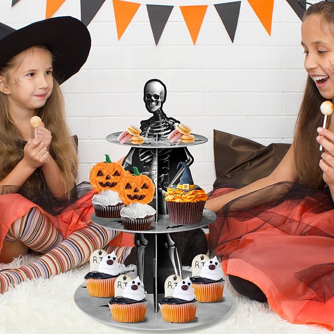 Haooryx Halloween Skeleton Cupcake Stand - 3 Tier Scary Bone Cupcake Tower Cardboard Gothic Style Black Dessert Holder Pastry Platter for Halloween Theme Party Table Decoration Birthday Party Supplies
