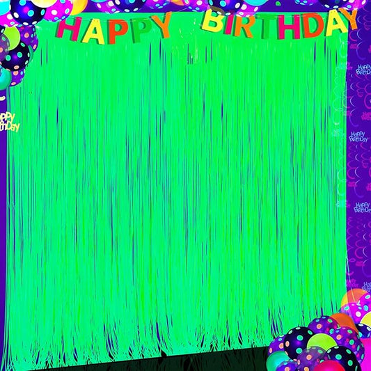 Glow in The Dark Party Supplies 2 Pack Neon Party Decorations Fluorescent Tinsel Foil Fringe Curtains Photo Booth Prop Backdrop Streamer Blacklight Decorations (Neon Green)