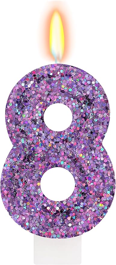 Deep Purple Glitter Birthday Candles for Girls - Number 8 Candle Cake Topper for Kpop Themed Birthday Party Decorations
