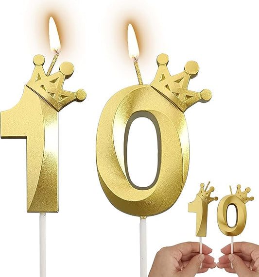 The Number 10 Gold Birthday Candles for Cake is Beautiful Number Candles for 10th Birthday Decorations for Man and Women(Gold-10, Crown)