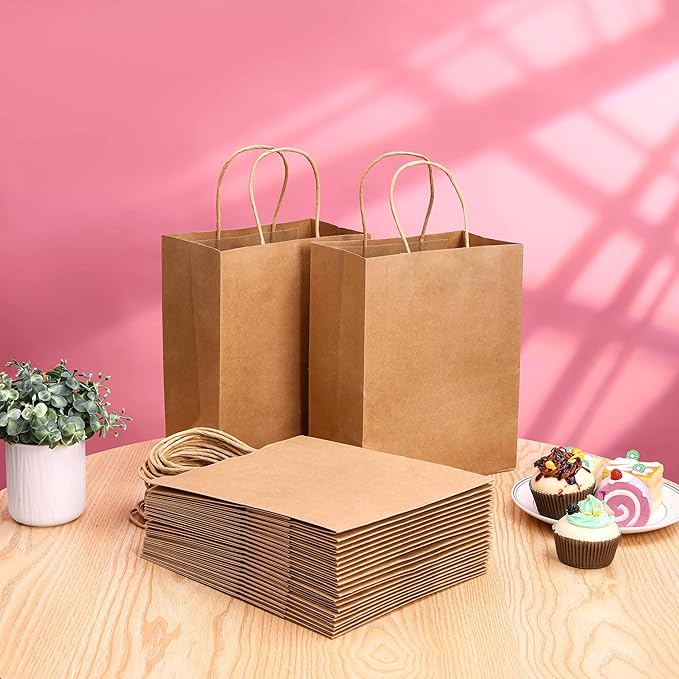 SUNCOLOR Brown Kraft Paper Gift Bags with Twisted Handles, 8x4.5x10 Inch, Medium, 25 Pack, for Shopping, Party Favors, Wedding