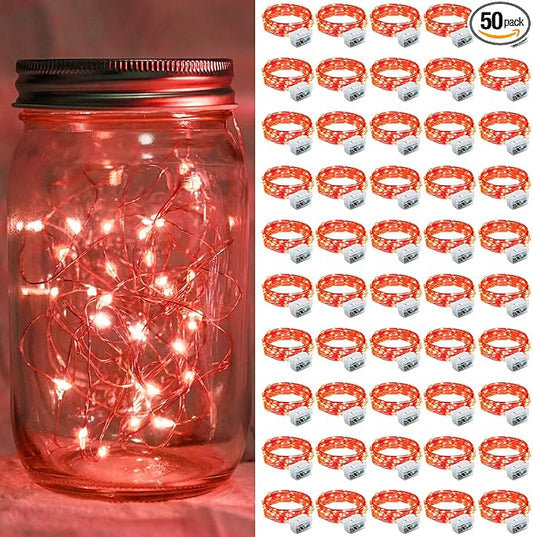 50 Pack Red Fairy Lights 7Ft 20 LED Twinkle String Lights 3 Modes Battery Operated Waterproof Firefly Starry for Mason Jar Party Table Centerpieces Halloween Christmas Valentines Day
