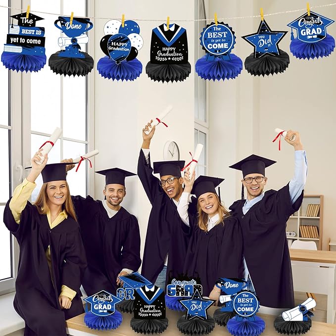 Honoson 12 Pcs 2026 Graduation Party Decorations Class of 2026 Congrats Grad Table Centerpieces Congratulate Graduation Honeycomb Table Toppers for Grad Party Favor Supplies(Blue, Black)