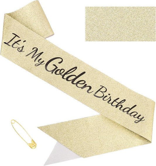 It's My Golden Birthday Sash - Gold Glitter with Black Foil Birthday Sash for Women Girls Funny Party Favor Supplies Accessories