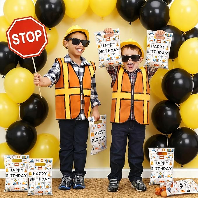 Hxezoc 50 Pieces Construction Gift Bags with Handle, Plastic Treat Candy Bag Construction Vehicle Favor Bag for Boys Kids Birthday Party Decoration Supplies