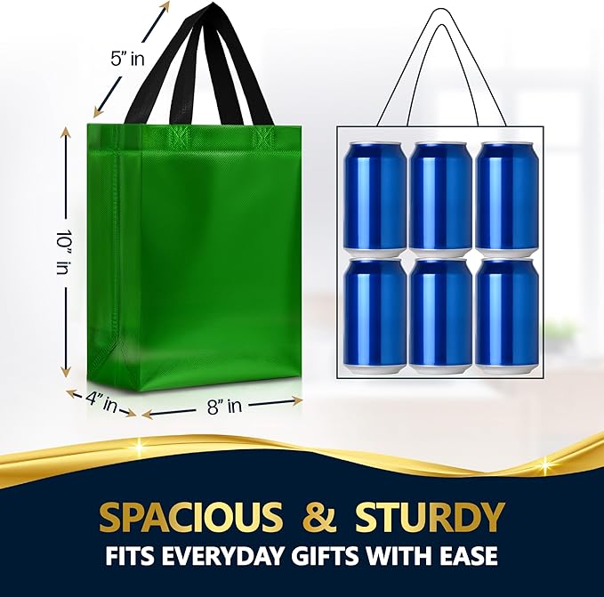 Nush Nush Set of 60 Shiny Green Gift Bags Bulk - Medium Size Reusable Gift Bags with Handles - Ideal for Small Business, Birthday Party Favors, Christmas, Weddings, Baby Shower Goodies - 8Wx4Dx10H