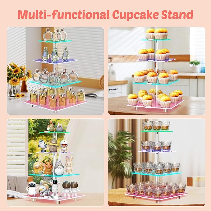 weddingwish 4 Tier LED Cupcake Stand, Clear Acrylic Cupcake Tower with Rechargeable Light, Cupcake Holder for 50 Cupcakes, Cupcake Dessert Display Stand for Parties,Weddings,Birthdays,Baby Shower
