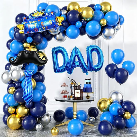 Happy Fathers Day Decoration, Navy Blue Father's Day Balloon Arch, Blue Gold Balloon Garland Kit with Beard Tie & DAD Foil Balloons for Happy Father's Day Family Birthday Party Decoration Supplies