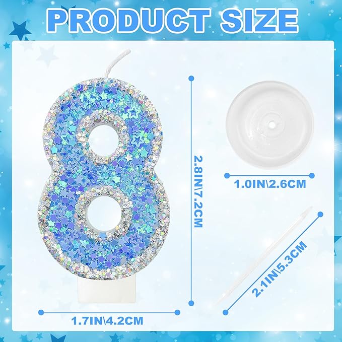 Blue Star Number 8 Candle for Cake Decoration, Glitter Star Cake Topper, Shaker Style Number Candle for Anniversary Celebration Party Supplies