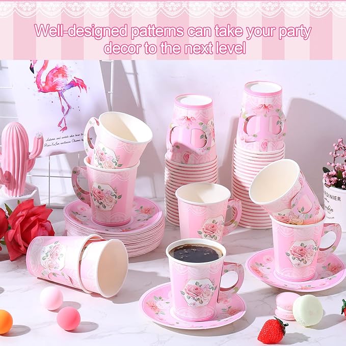Zopeal 100 Pcs Disposable Tea Party Decorations 9 oz Floral Paper Cup with Handle and Saucer Set for Mother Day Wedding Birthday Spring Princess Blossom Party Baby Shower Supplies(Pink)