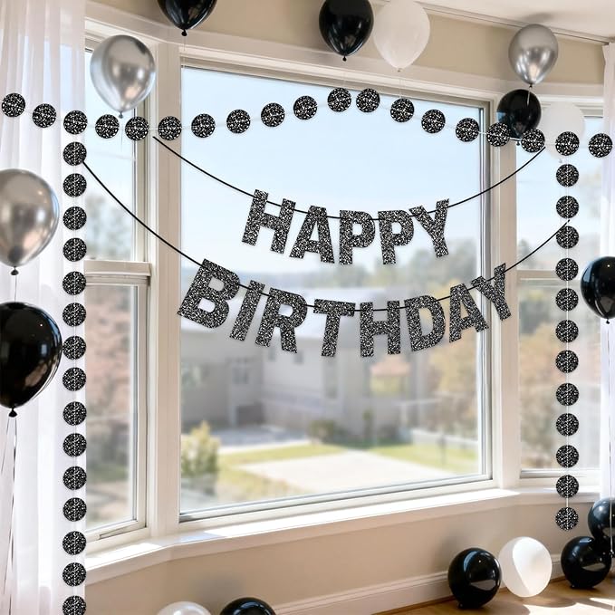 GCQQ Black Happy Birthday Banner Set - No DIY Glitter 3M Birthday Banners and 2.5M Dot Garlands Pre-Strung Black Theme Party Decorations for Men Women Birthday Party Backdrop