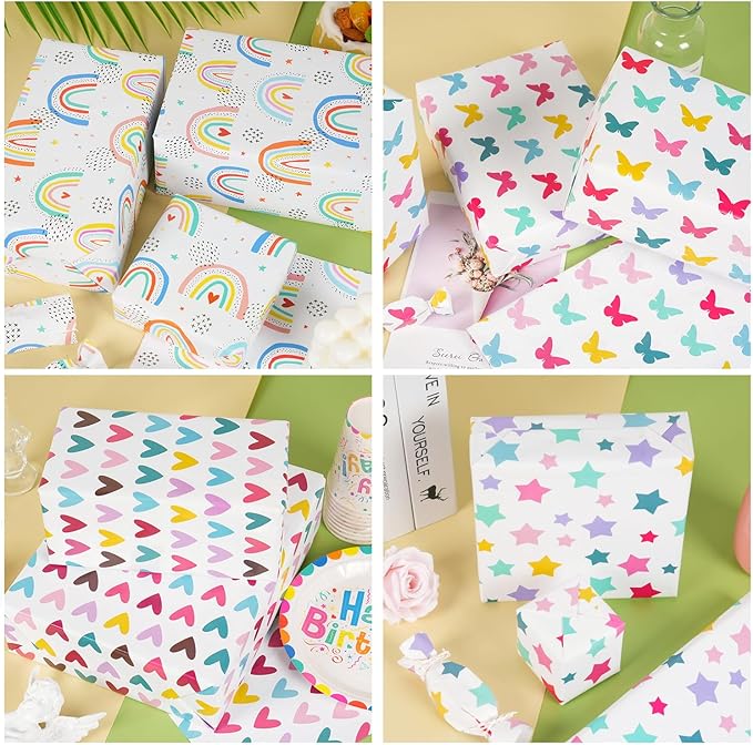Gift Wrapping Paper, 6 Sheets Colorful Birthday Wrapping Paper for Baby Girls Women, Folded Flat Gift Wrapping Paper with Rainbow Heart Star Butterfly Designs for Birthday Baby Shower Wedding, 20×28In