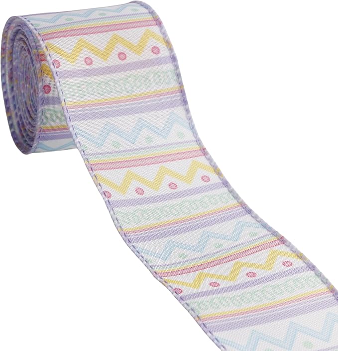 Meseey 2.5 Inch x 10 Yards Pastel Easter Chevron Wired Ribbon, Colorful Zigzag Wired Edge Ribbon for Easter Wreaths, Gift Wrapping, Easter Baskets, Crafts, Spring Party Decorations