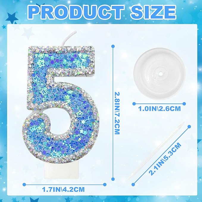 Blue Star Number 5 Candle for Cake Decoration, Glitter Star Cake Topper, Shaker Style Number Candle for Anniversary Celebration Party Supplies