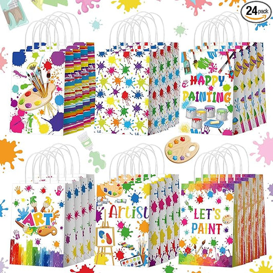 Kolldenn 24 Pcs Art Party Favors Bags Paint Gift Goodie Paper Bags with Handles Splatter Art Candy Pouch‌ Artist Treat Pouch‌ for Painting Splatter Birthday Party Decorations Supplies