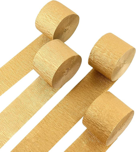 4 Rolls Crepe Paper Gold Streamers – Perfect for Streamers Party Decorations, Wedding, Birthday, Colored Decor, and DIY Craft Supplies(1.8 Inch x 82 Ft/Roll)