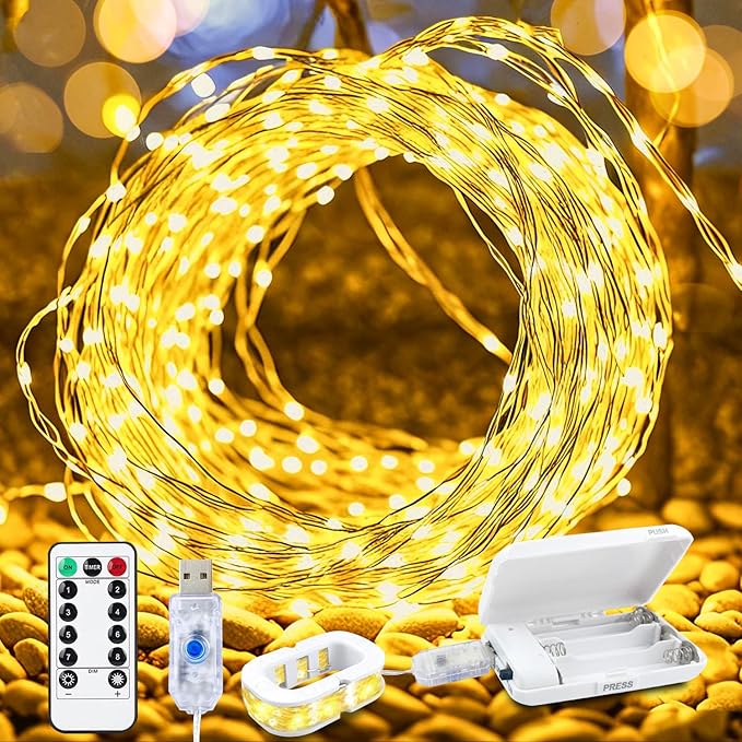 Aogist 2-Pack 50LED Fairy Lights 16ft Dual Power(USB/Battery) with Remote & Timer,8 Modes Flexible Copper Wire Waterproof String Lights for Outdoor Christmas Wedding Bedroom Party Decor,Warm White