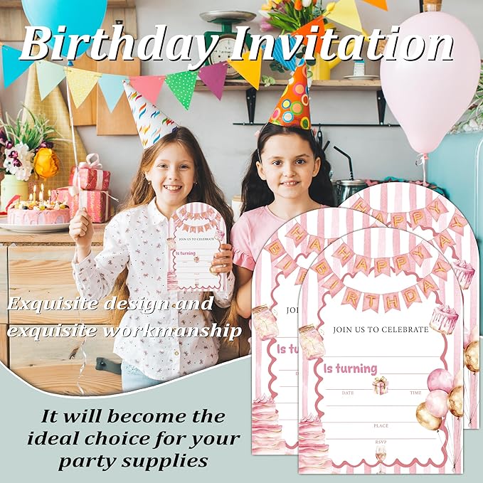 Pink Happy Birthday Party Invitations, Balloon Cake Birthday Invitations for Girls Boys, 20 Fill-in Style Party Invitations Cards with Envelopes, Party Decorations Supplies (arch)