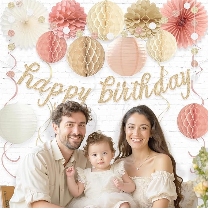 Boho Pink Happy Birthday Decorations for Women Girls, Pre-Strung Happy Birthday Banner with Honeycomb Balls, Paper Flowers, Lanterns, Fans, Hanging Swirls, Circle Dots Garland for Party 24pcs