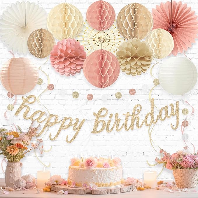 Boho Pink Happy Birthday Decorations for Women Girls, Pre-Strung Happy Birthday Banner with Honeycomb Balls, Paper Flowers, Lanterns, Fans, Hanging Swirls, Circle Dots Garland for Party 24pcs