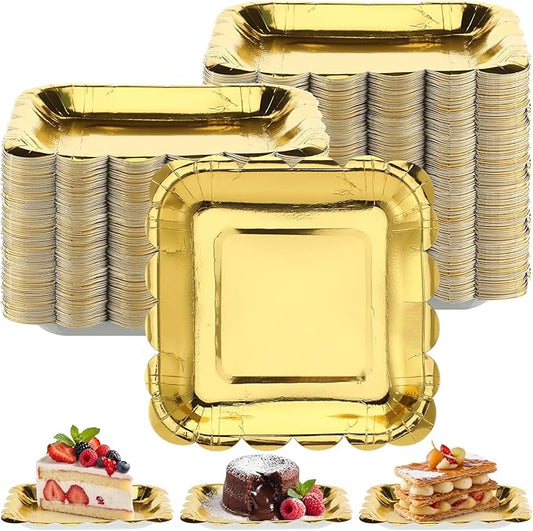 Yungyan 100 Pcs Mini Dessert Cupcake Plates 7 Inch Scalloped Cupcake Plates Disposable Gold Paper Dessert Dish for Cake Baking Wedding Baby Shower Birthday Party