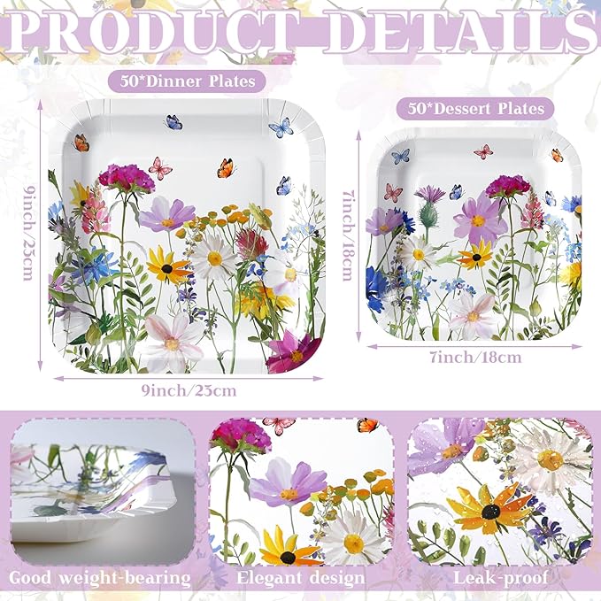 Umigy 100 Pcs Paper Plates Flower Dinner 9'' Floral Disposable Paper Plates 7'' Square Dessert Set for Dinner Birthday Wedding Baby Shower Party Tableware(Sweet Color,Wildflower)