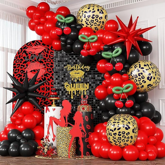 Red Black Balloons Garland Arch Kit, 133pcs Green Cherry Black Red Explosion Star Foil Balloons, 4D Cheetah Print Mylar Balloons for Berry Themed Birthday Baby Shower Bachelorette Party Decorations