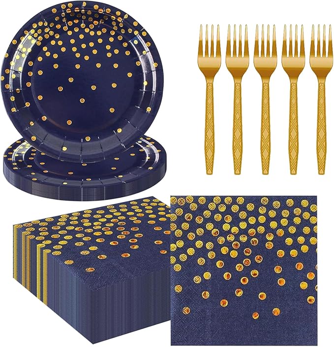 75PCS Blue and Gold Paper Plates and Napkins Party Supplies Blue Gold Dessert Plates Graduation Napkins Disposable Paper Tableware Set for Birthday Graduation Retirement Decorations Serves 25