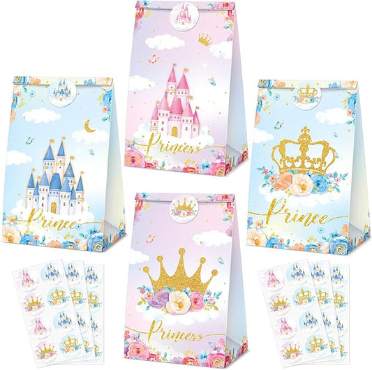 Nezyo 32 pcs Princess Prince Party Favor Bags Princess Themed Crown Castle Bags include 4 Style Sticker Handles Candy Goodie for Gender Reveal Girl Boy Birthday Supplies