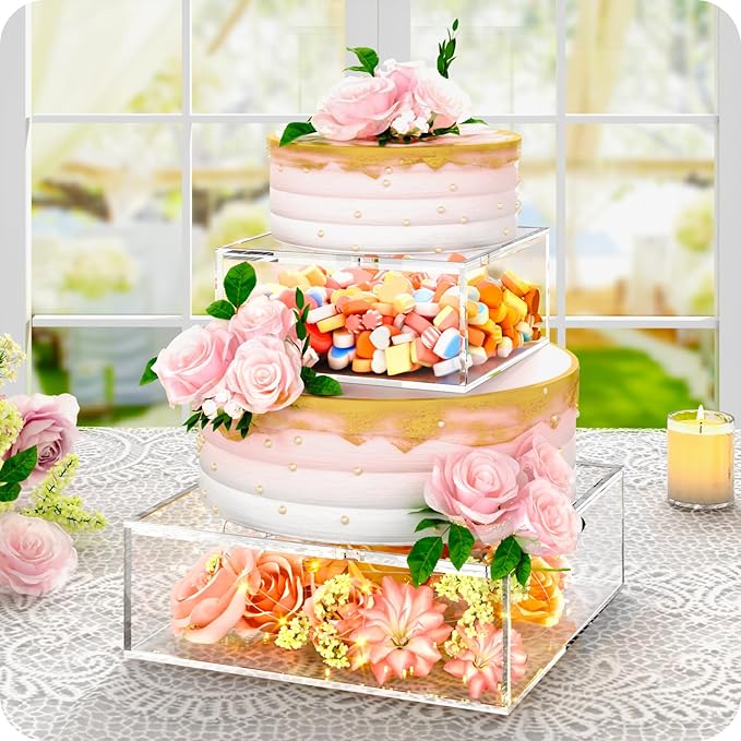 2PCS Clear Acrylic Cake Stand, Fillable Cake Box Riser Cake Tier, Square Cake Display Box with Lid, Decorative Centerpiece Box for Wedding Birthday Party (2pcs, 12" Dx4” H; 8" Dx4” H, 2M LED Lights)