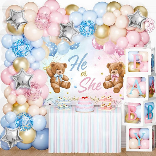 Patimate Bear Gender Reveal Decorations, Pink and Blue Balloons Arch Kit, Baby Box with Letters, Backdrop for Gender Reveal Decor Boy or Girl Baby Shower Revelacion Genero Party Supplies
