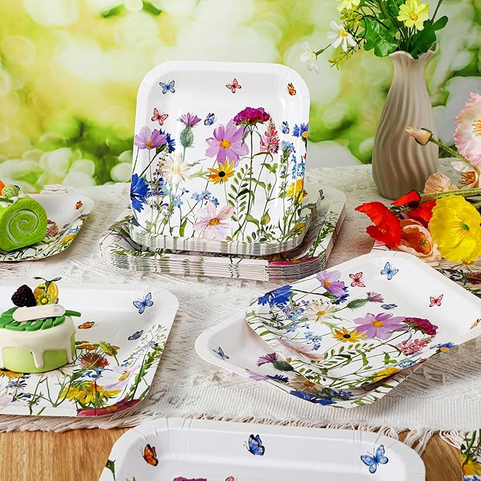 Umigy 100 Pcs Paper Plates Flower Dinner 9'' Floral Disposable Paper Plates 7'' Square Dessert Set for Dinner Birthday Wedding Baby Shower Party Tableware(Sweet Color,Wildflower)