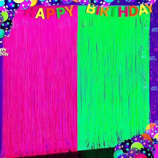 Glow in The Dark Party Supplies 2 Pack Neon Party Decorations Fluorescent Tinsel Foil Fringe Curtains Photo Booth Prop Backdrop Streamer Blacklight Decorations (Neon Hot Pink+Neon Green)