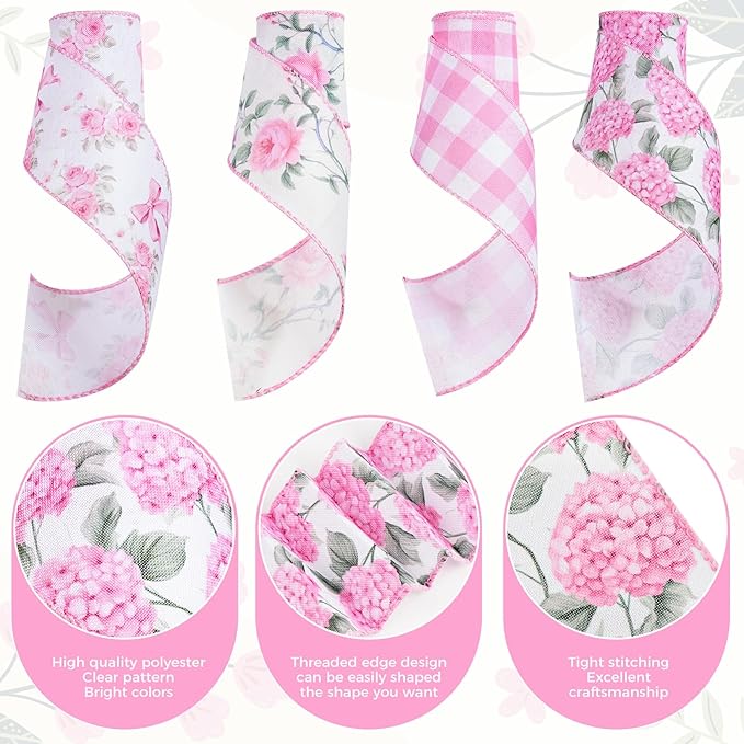 4 Rolls Pink Floral Wired Ribbon Set - 2.5 Inch Wide, 20 Yards Total – Rose Patterned Pink and White Vintage Satin Ribbon for Crafts, Spring, and Floral Decor