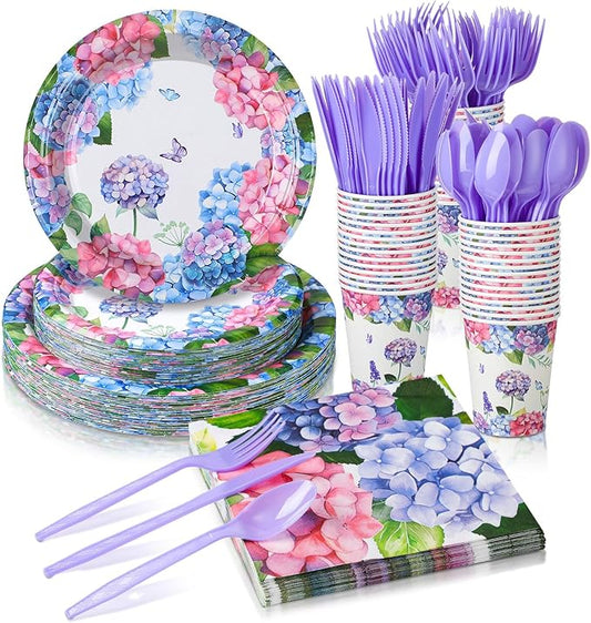 Yungyan 252 Pcs Hydrangea Plates and Napkins Set Hydrangea Flowers Party Supplies Disposable Floral Napkins Plates Cups Knives Spoons Forks for Wedding Birthday Tea Bridal Birthday Serves 36 Guests