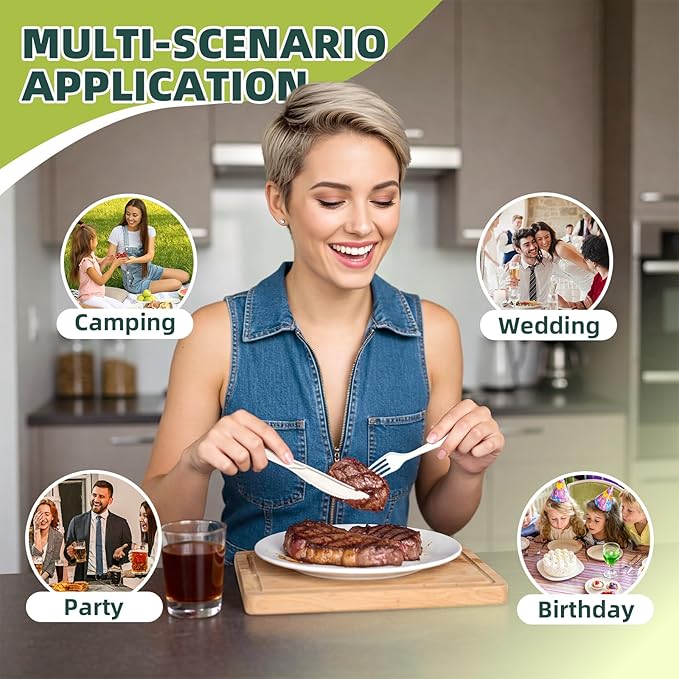 200 Count Biodegradable Cutlery Set Eco-Friendly Compostable Utensils Heavy Duty Disposable Silverware 75 Forks, 75 Spoons, 50 Knives for Parties Picnics Travel BBQ