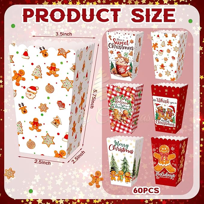 Gueevin 60 Pcs Christmas Popcorn Boxes Gingerbread Man Treat Boxes Candy Cookie Holder Container for Christmas Party Favors Supplies Decorations
