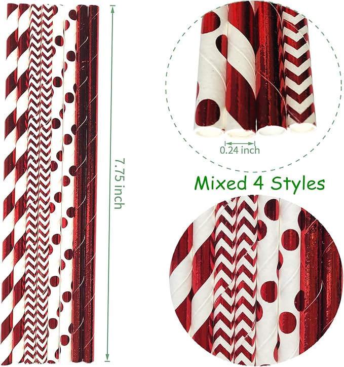 100 pcs Mixed Biodegradable Party Paper Straws, Glitter Metallic Red Foil Stripe Wave Solid Beverage Drinking Straws, Holiday Birthday Christmas Valentine Craft Cake Pop Sticks (Metallic Red Foil)
