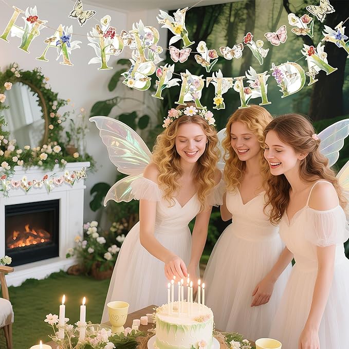 SUNBEAUTY Wildflower Butterfly Happy Birthday Banner Spring Floral Birthday Decorations Pre-Strung Butterfly Flower Garden Decor for Girls Women Baby Shower Wedding Tea Party
