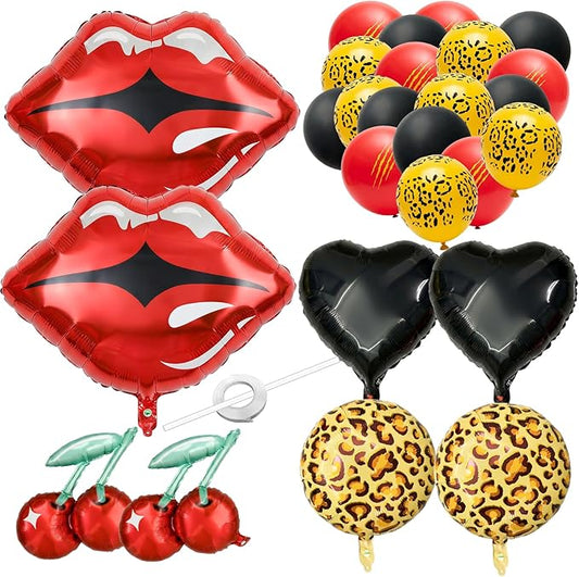 26Pcs Leopard Theme Balloon Kit, Red Black Balloon Set with Leopard Print Balloons, Red Lip Cherry Balloons, Heart Balloons for Birthday Party, Cheetah Balloon Bachelorette Decorations