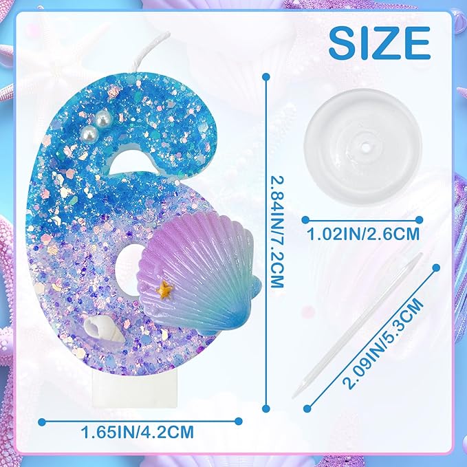 Blue and Purple Birthday Candles, 6th Birthday Cake Decoration, Cupcake Candles，Suitable for Mermaid Theme Party Cake Decoration (6)