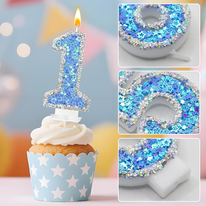 Blue Star Number 1 Candle for Cake Decoration, Glitter Star Cake Topper, Shaker Style Number Candle for Anniversary Celebration Party Supplies