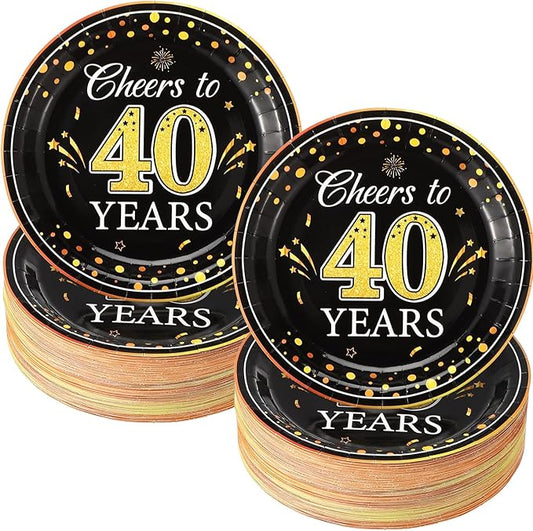 Sunnyray 100 Pack 9 Inch Anniversary Birthday Party Plates Cheers to Years Disposable Paper Plates Black Gold Dinner for Birthday Anniversary Party Supplies(40th)