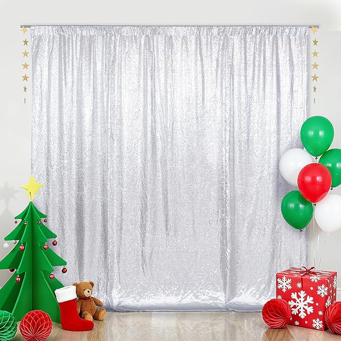 SquarePie 4x7ft Silver Sequin Backdrop for Photography, Satin-Backed Real Sequin Curtain, Enhanced Coverage Shimmering Background with 4" Rod Pocket for Wedding, Birthday, Party Decor, 1 Panel