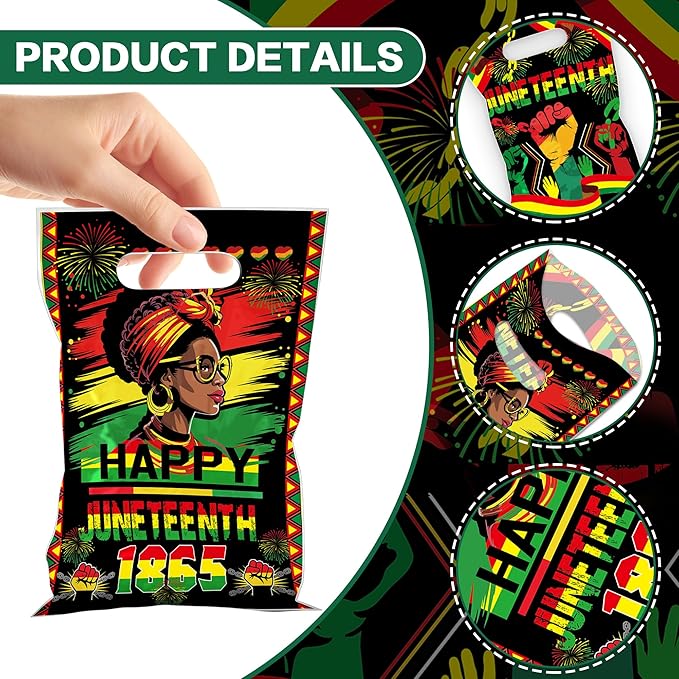 MOIZYNG 50Pcs Juneteenth Bags with Handles, Happy Juneteenth Plastic Candy Treat Goodie Gift Bags for African American June 19th Black Freedom Day Party Favors Supplies