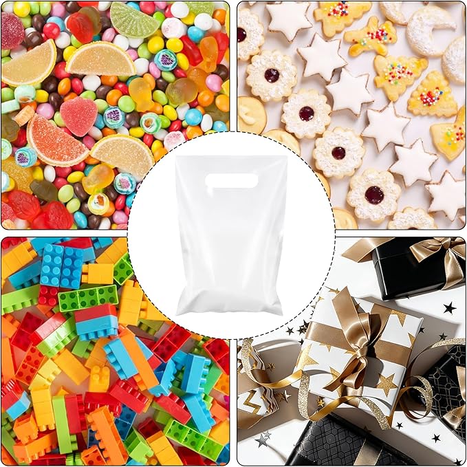 Hxezoc 50 Pieces White Gift Bags with Handle, Plastic Treat Candy Jewelry Bag White Party Favor Bag for Baby Shower Birthday Party Decoration Supplies