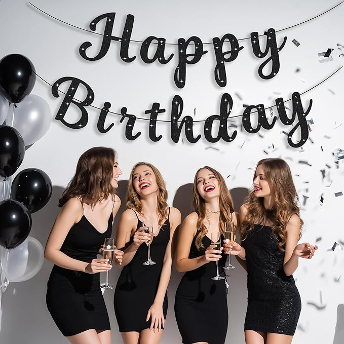 Black Happy Birthday Banner Signs Glitter Happy Birthday Sign Garlands for Women Men Birthday Party Decorations Supplies