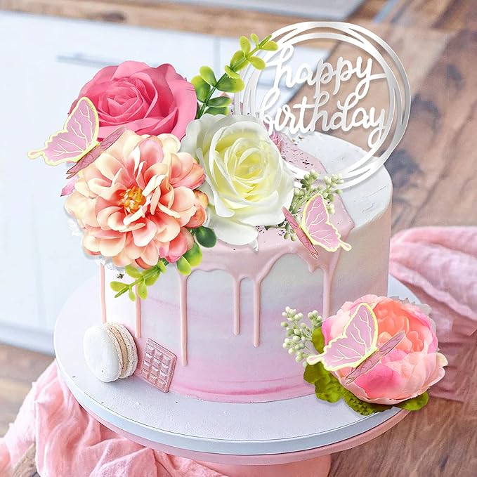 14 PCS Flower Cake Toppers Butterfly Cake Decorations Happy Birthday Cake Toppers with Artificial Pink Rose Flowers Eucalyptus Butterflies for Birthday Wedding Supplies (Pink)